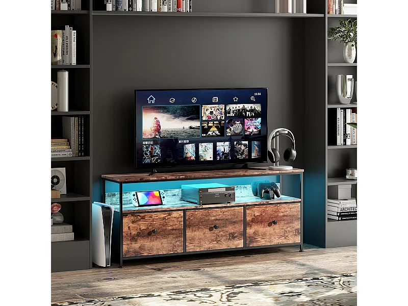 Meuble TV - LED avec 3 Tiroirs - Petit Meuble Tele avec Rangement - Marron Rustique - 108*30*57cm