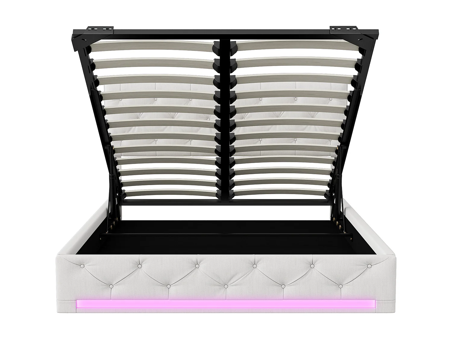 Lit coffre 140x200cm - avec éclairage LED et rangement hydraulique - tête de lit réglable en hauteur - lin - blanc cassé