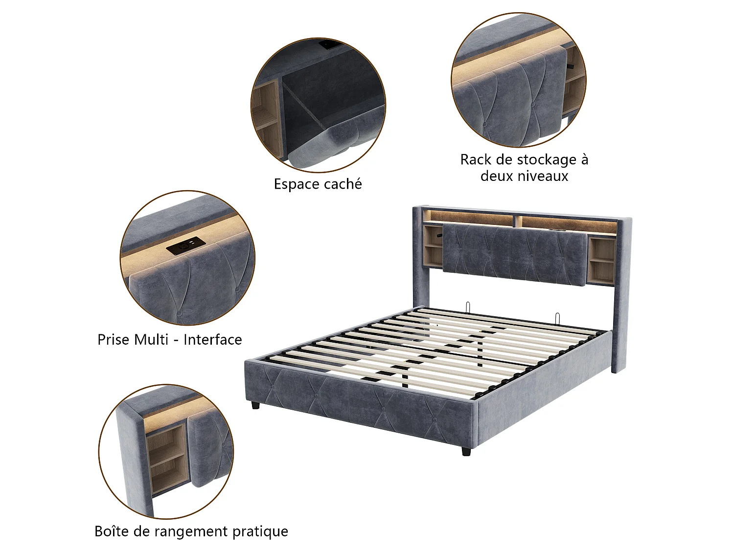 Opbergbed van 160x200 cm met ledverlichting en USB-poort - hydraulisch compartiment - fluweel - grijs