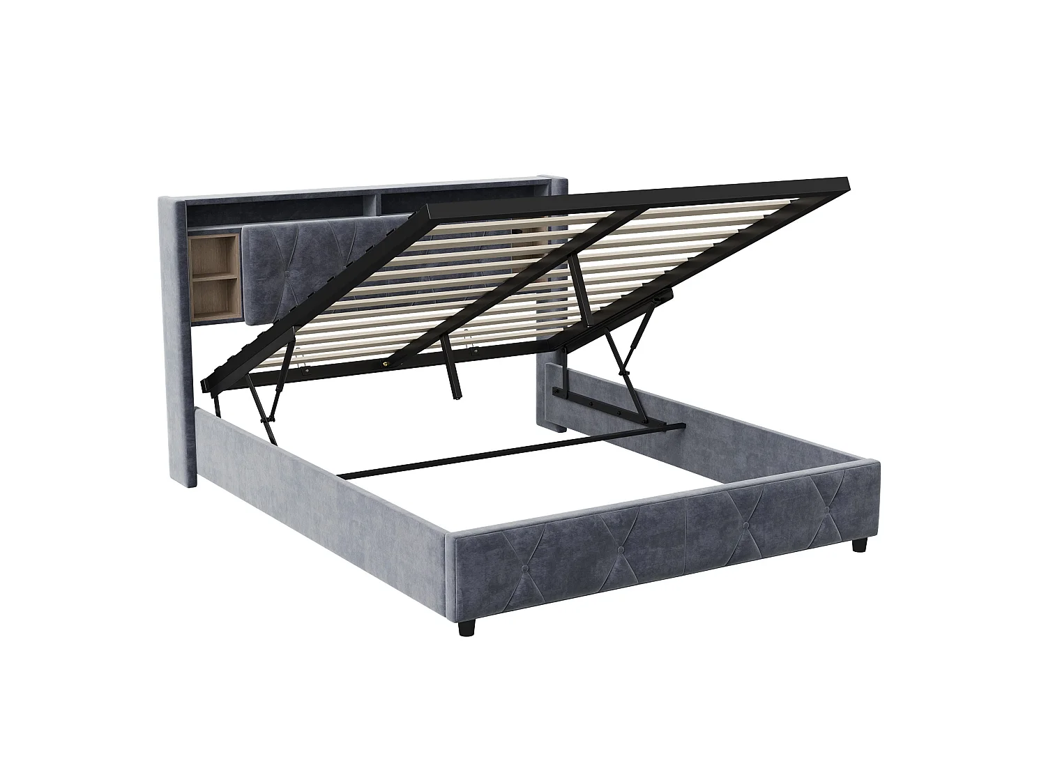 Opbergbed van 160x200 cm met ledverlichting en USB-poort - hydraulisch compartiment - fluweel - grijs