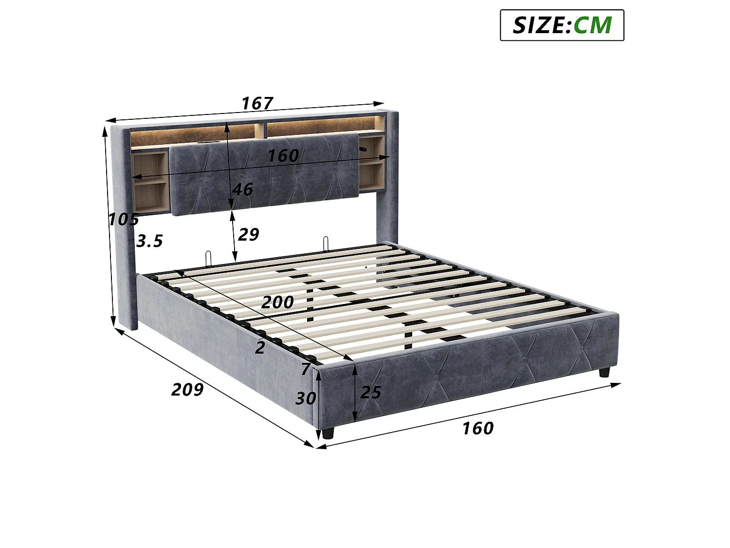 Opbergbed van 160x200 cm met ledverlichting en USB-poort - hydraulisch compartiment - fluweel - grijs