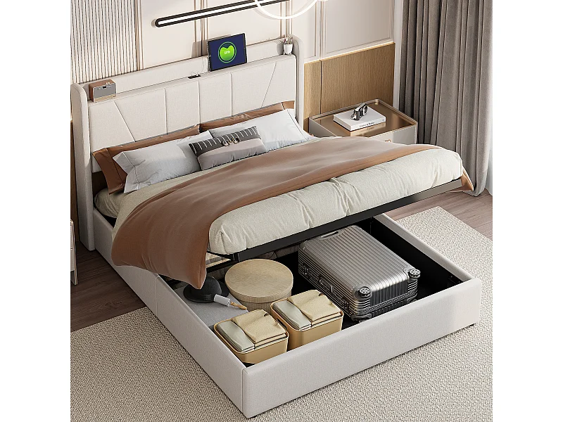 Cama doble 140x200 cm - Cabecero con 2 puertos USB + 1 puerto Tipo C - Compartimento hidráulico - Lino - Beige