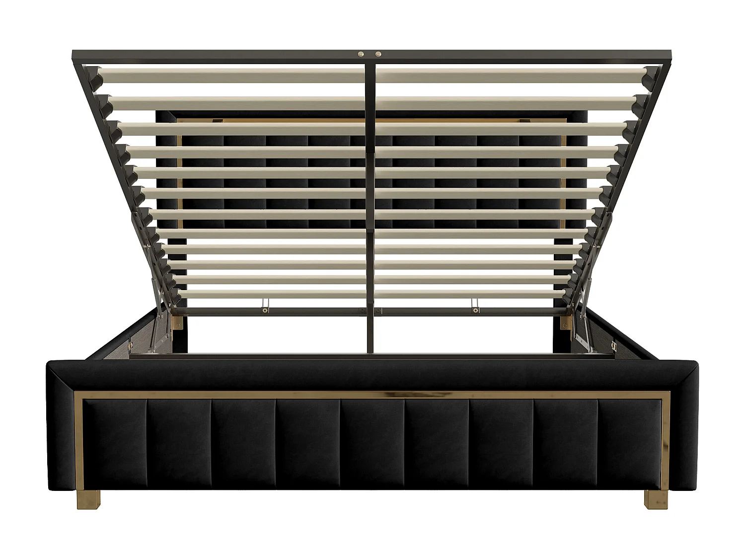 Lit double 160 x 200 cm - avec rangement hydraulique et sommier à lattes - finitions dorées à fines rayures - velours - noir