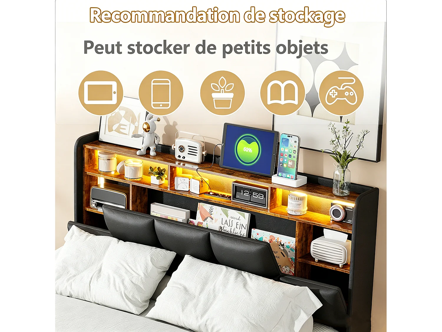 Lit double 140 x 200 cm - avec éclairage LED et rangement hydraulique - tête de lit avec port USB et fonction rangement - PU - noir