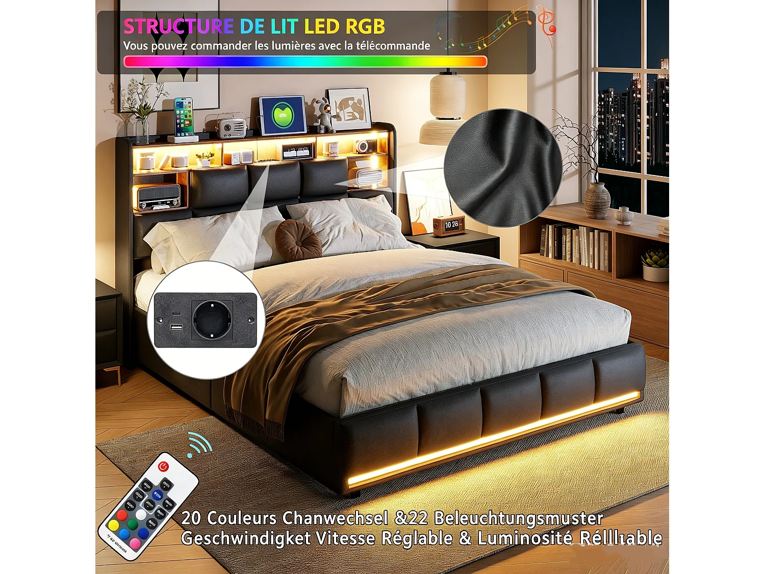 Lit double 140 x 200 cm - avec éclairage LED et rangement hydraulique - tête de lit avec port USB et fonction rangement - PU - noir