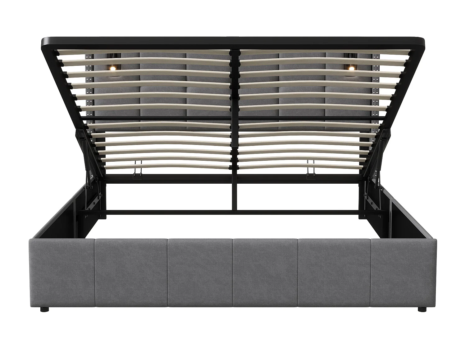 Cama de matrimonio 140 x 200 cm - Cabecero con luz de lectura - Compartimento hidráulico y somier de láminas - Terciopelo - Gris