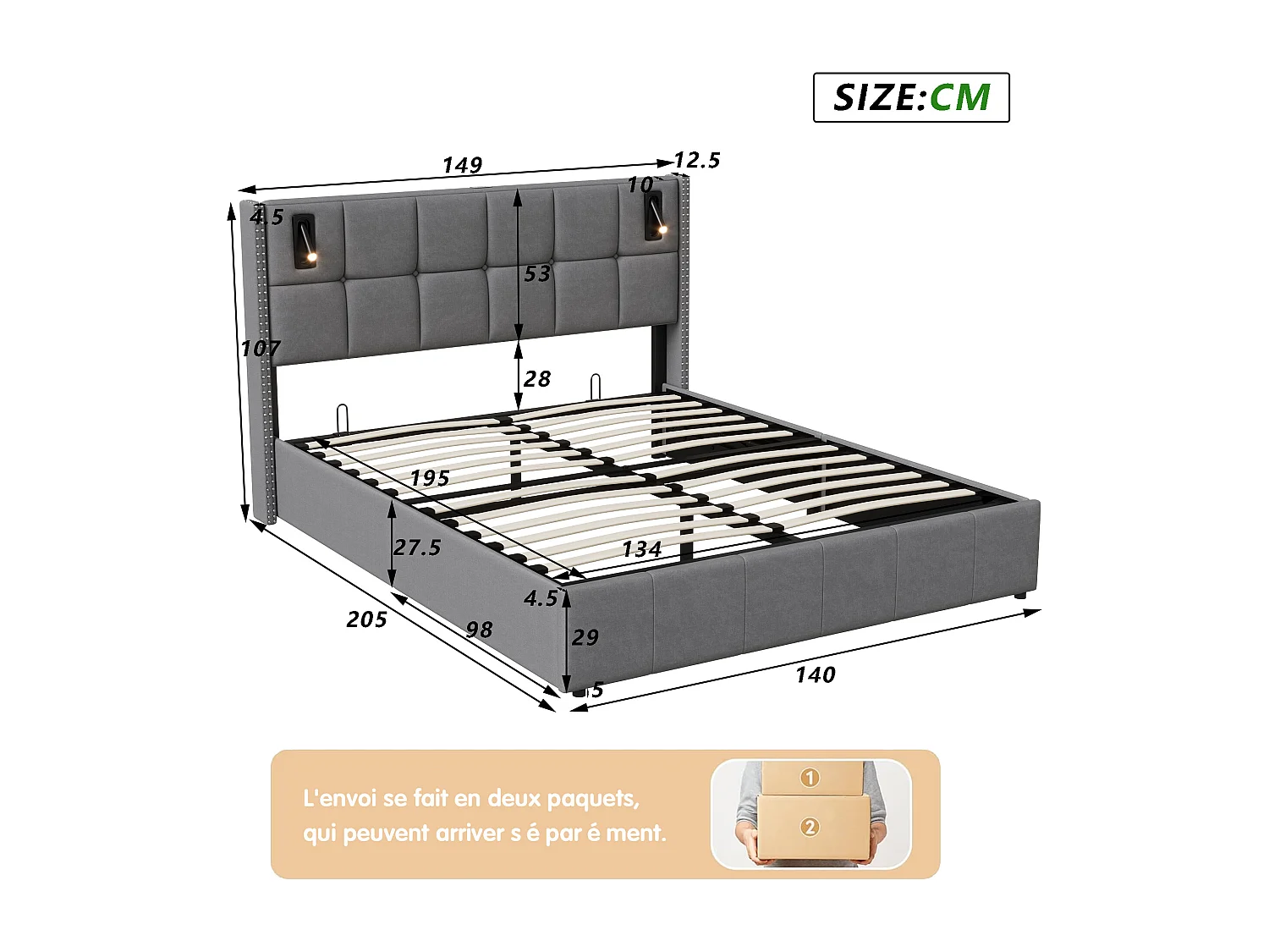 Cama de matrimonio 140 x 200 cm - Cabecero con luz de lectura - Compartimento hidráulico y somier de láminas - Terciopelo - Gris