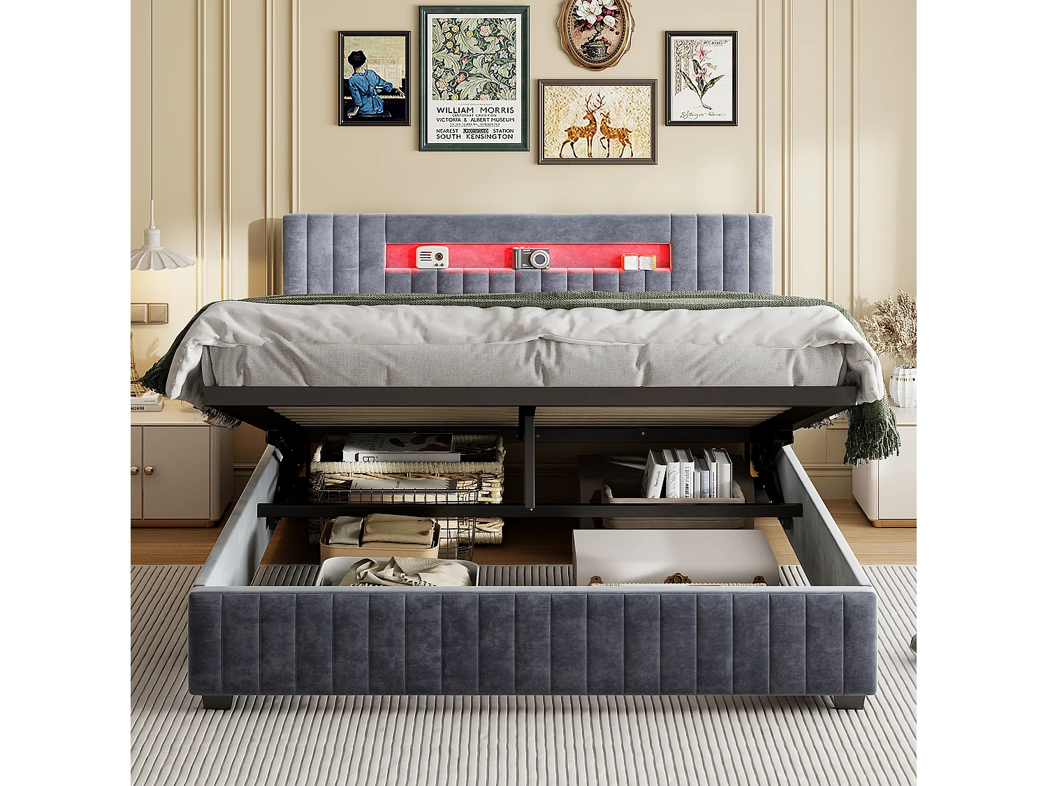 Cama con almacenaje de 140x200 cm con iluminación LED - compartimento hidráulico y somier de láminas - terciopelo - gris