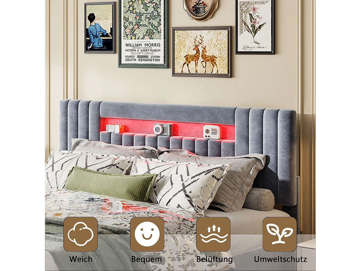 Cama con almacenaje de 140x200 cm con iluminación LED - compartimento hidráulico y somier de láminas - terciopelo - gris