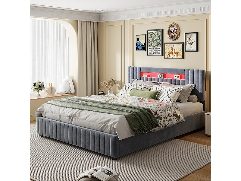 Cama con almacenaje de 140x200 cm con iluminación LED - compartimento hidráulico y somier de láminas - terciopelo - gris