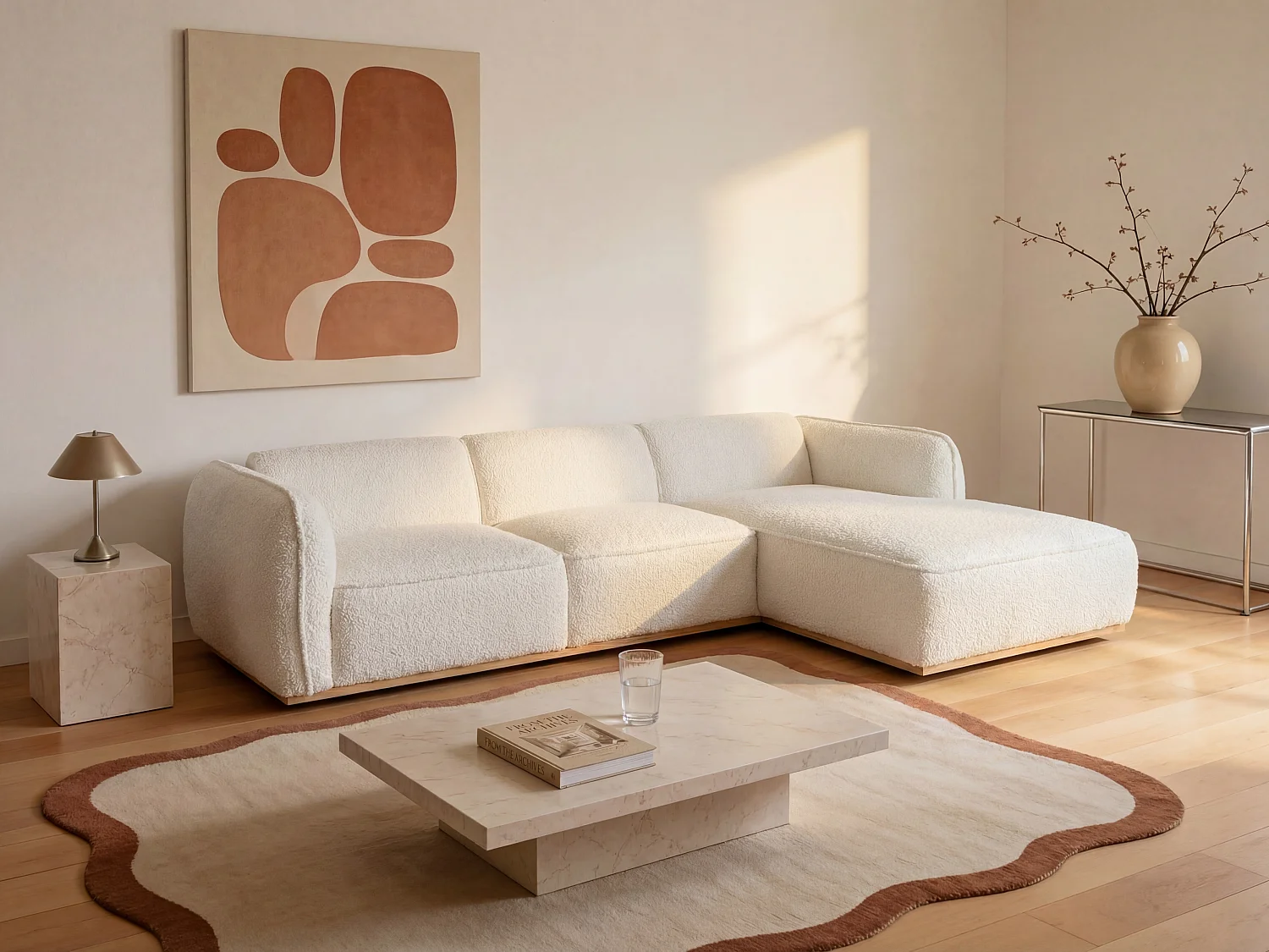 Canapé d'angle droit en tissu chenille beige et base en bois CANOBRU