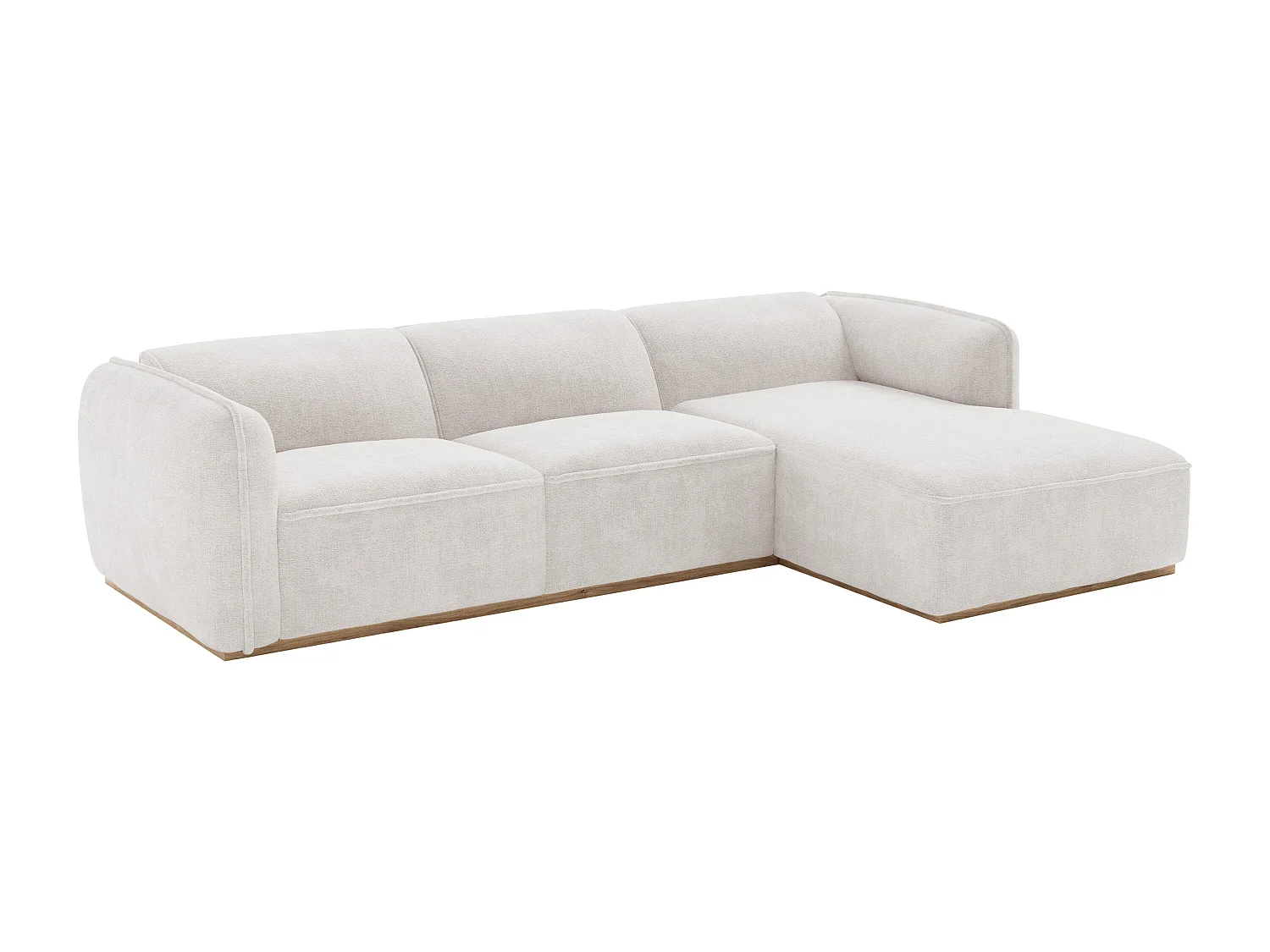 Canapé d'angle droit en tissu chenille beige et base en bois CANOBRU