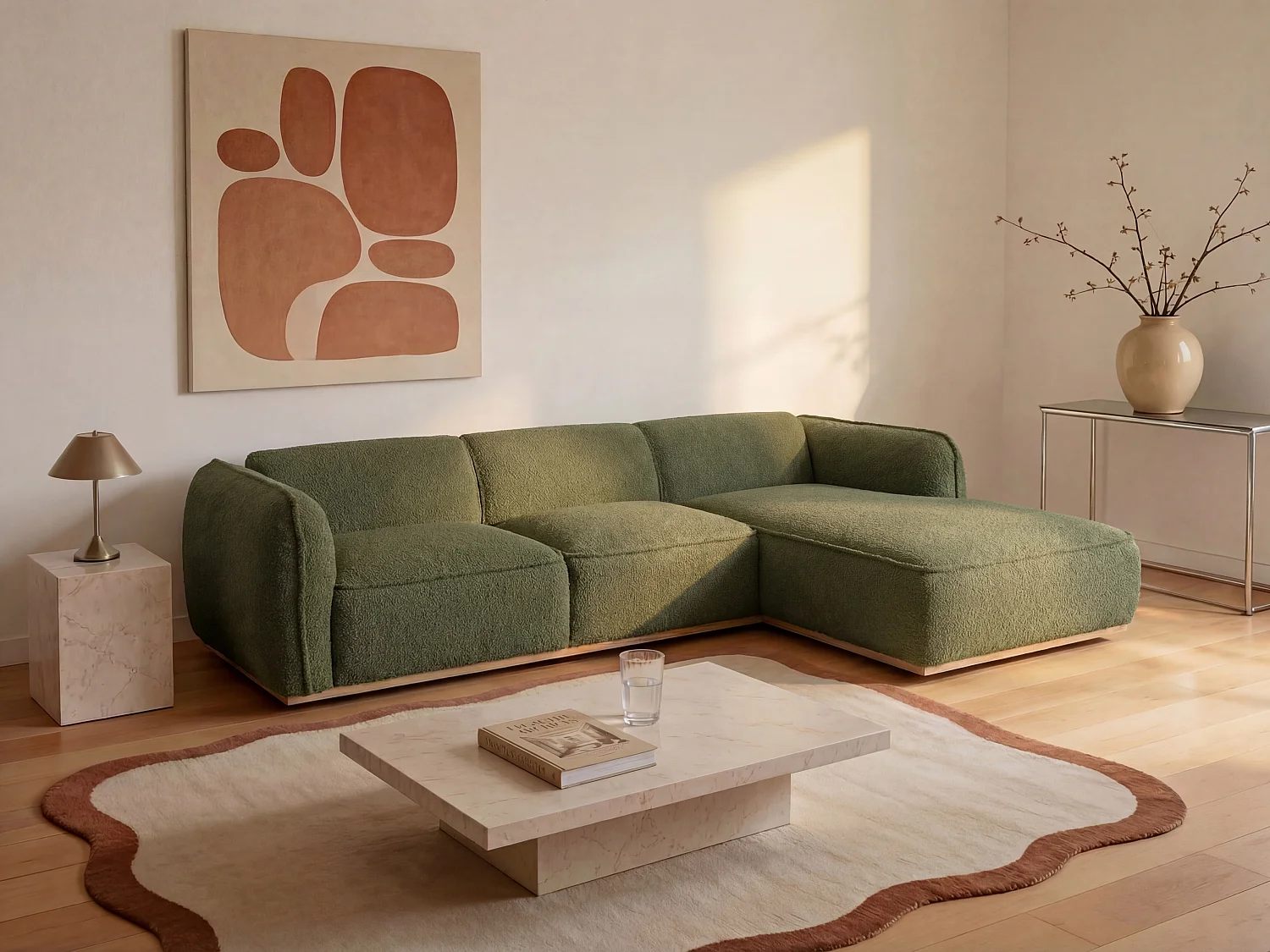 Canapé d'angle droit en tissu chenille vert kaki et base en bois CANOBRU