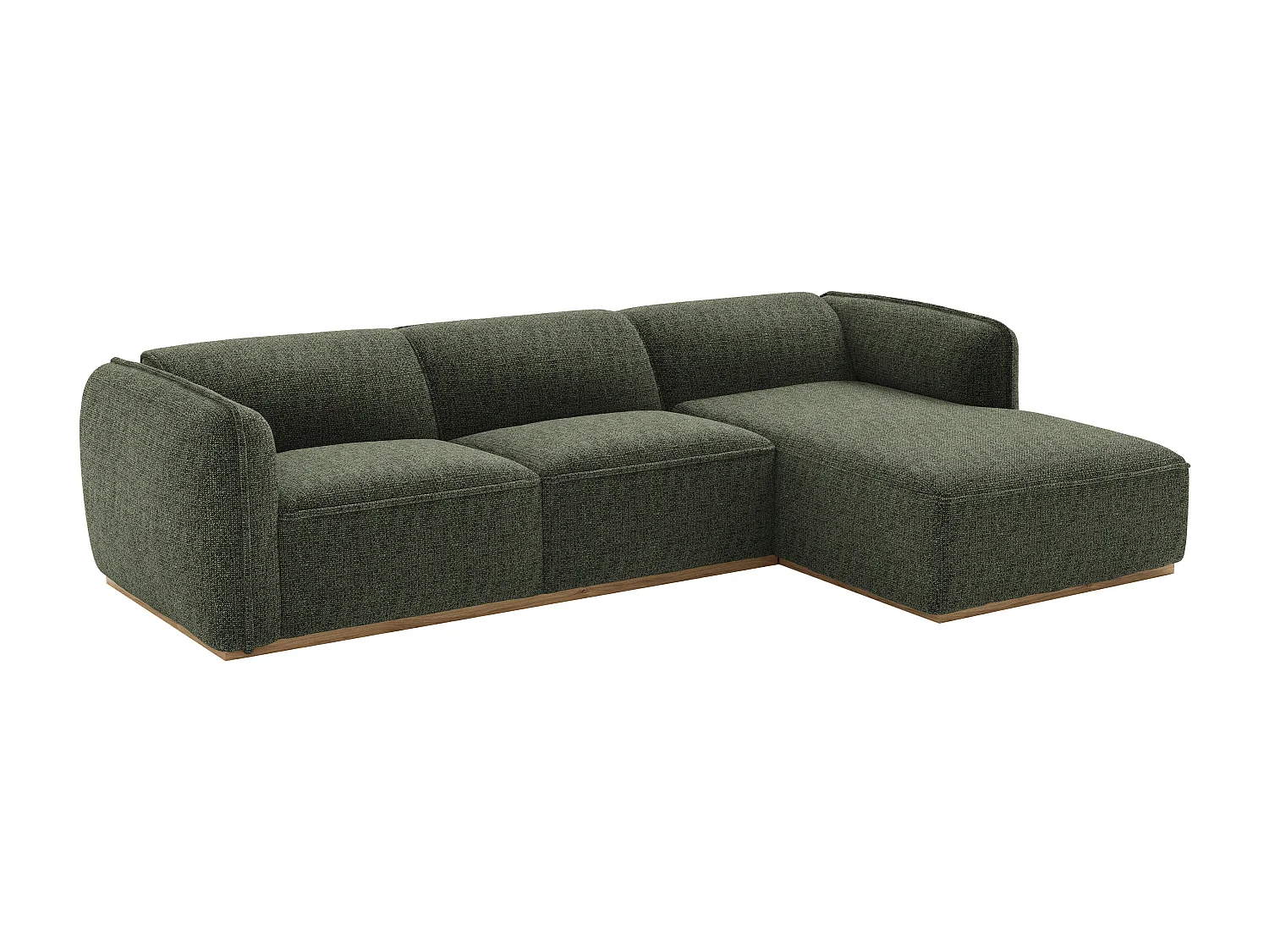 Canapé d'angle droit en tissu chenille vert kaki et base en bois CANOBRU