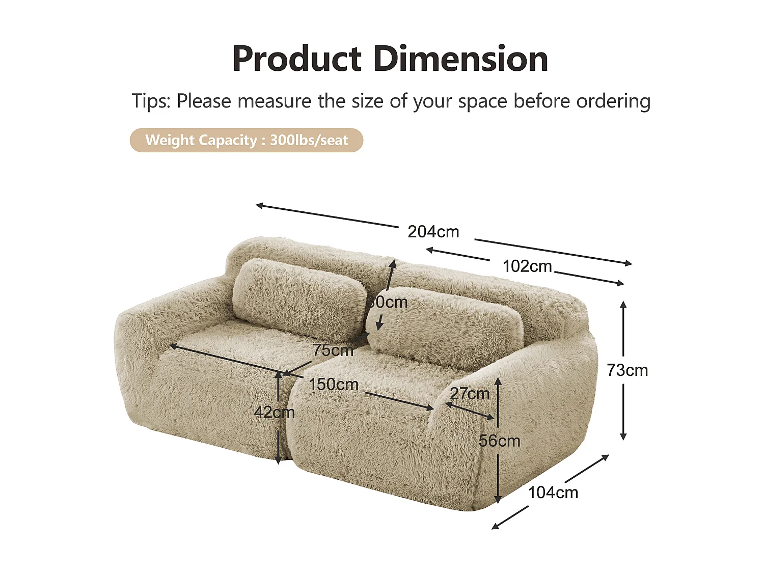 Modulares, rahmenloses 2-Sitzer-Sofa aus weichem Stoff mit Kissen – Farbe: Hellkhaki