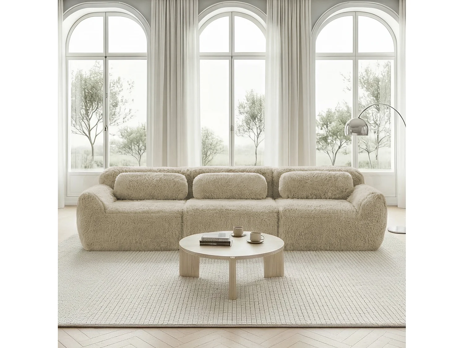Modulares 3-Sitzer-Sofa mit tiefer Sitzfläche, bezogen mit hochwertigem Plüschstoff und inklusive Kissen, kein Aufbau erforderlich – Farbe: Hellkhaki
