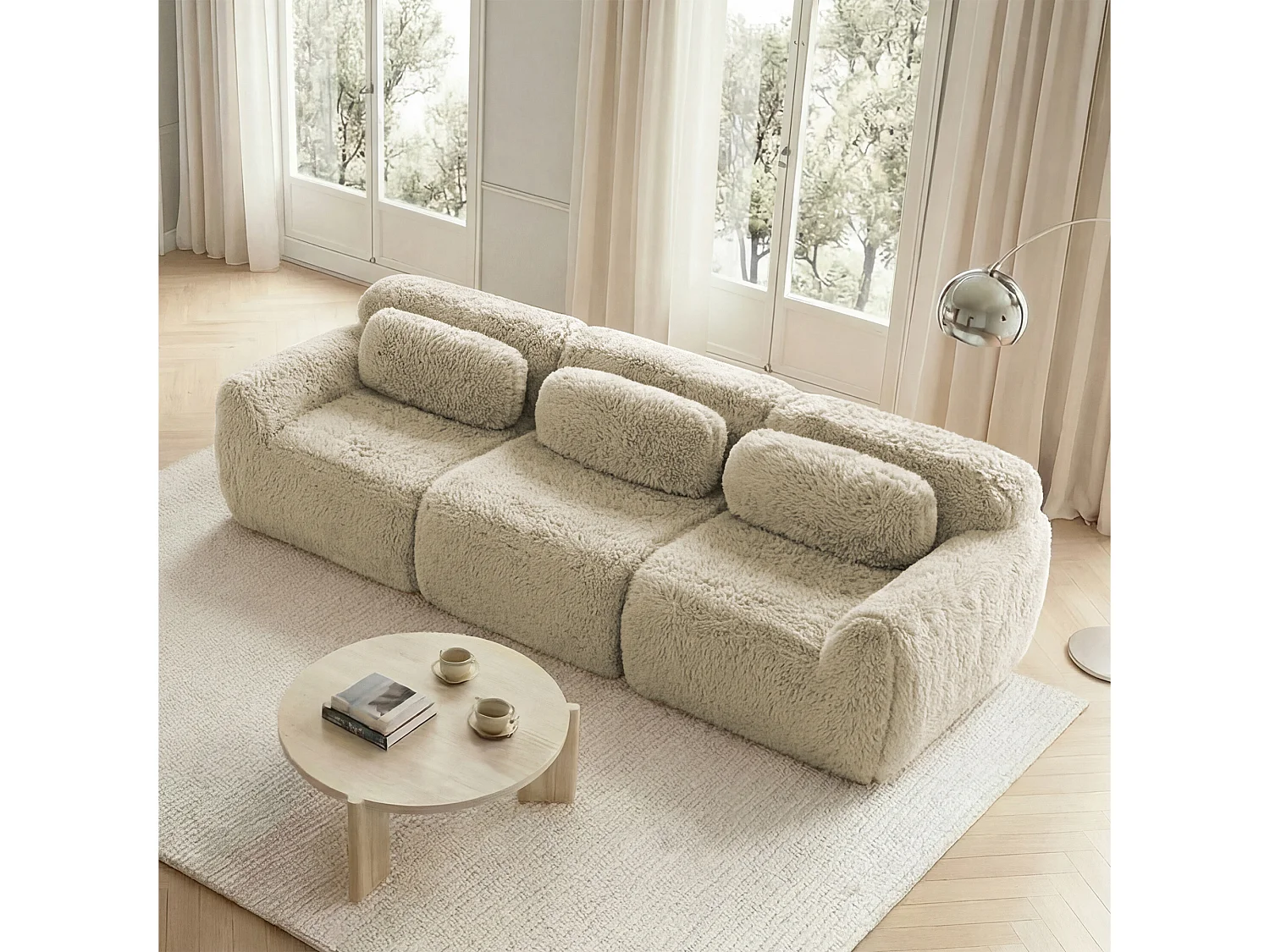 Modulares 3-Sitzer-Sofa mit tiefer Sitzfläche, bezogen mit hochwertigem Plüschstoff und inklusive Kissen, kein Aufbau erforderlich – Farbe: Hellkhaki