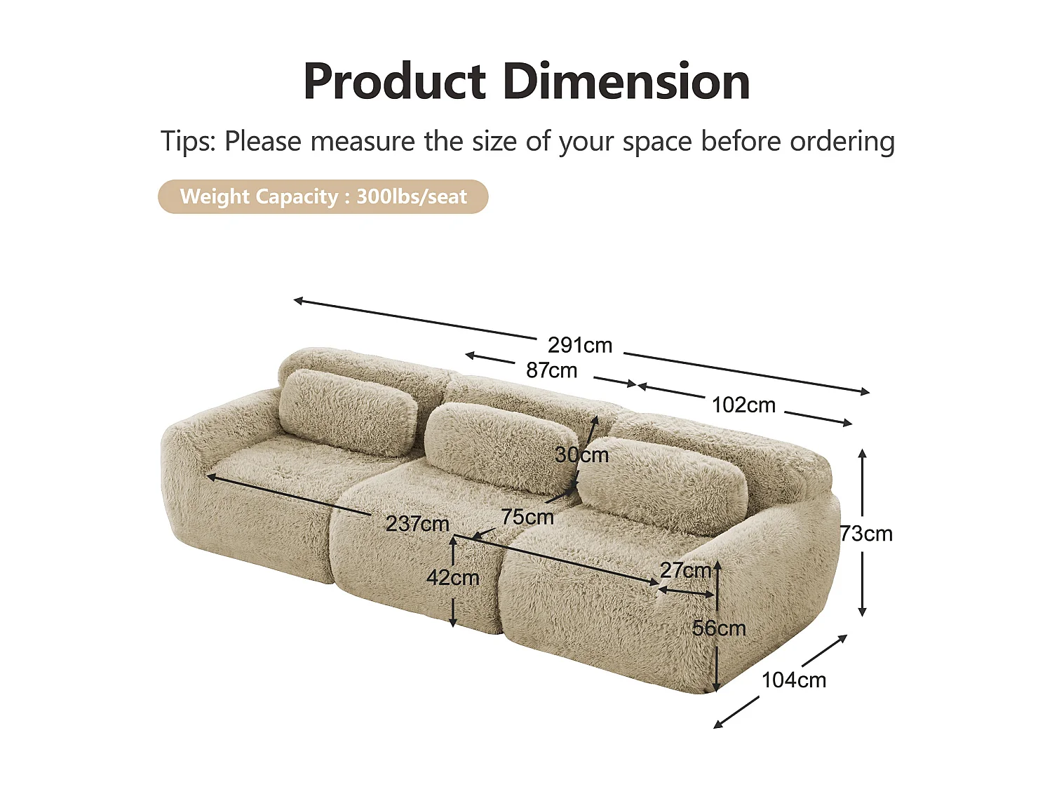 Modulares 3-Sitzer-Sofa mit tiefer Sitzfläche, bezogen mit hochwertigem Plüschstoff und inklusive Kissen, kein Aufbau erforderlich – Farbe: Hellkhaki