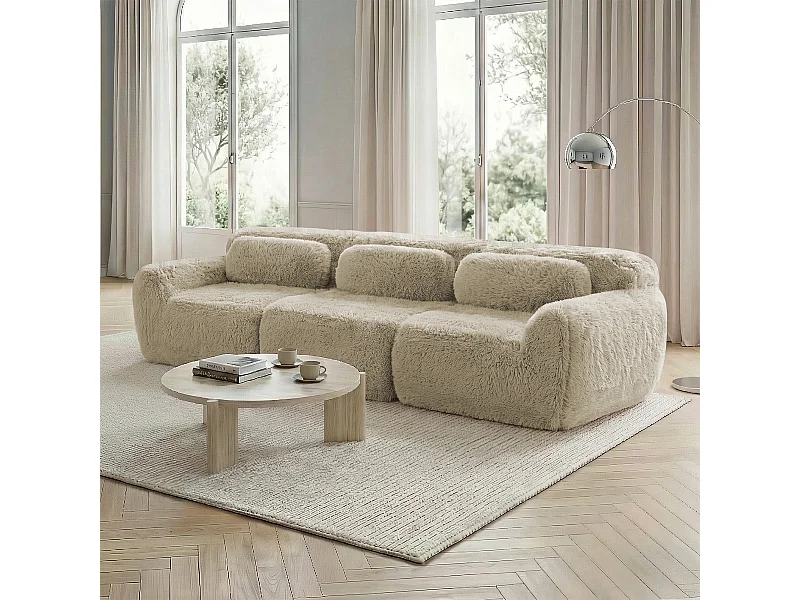 Modulares 3-Sitzer-Sofa mit tiefer Sitzfläche, bezogen mit hochwertigem Plüschstoff und inklusive Kissen, kein Aufbau erforderlich – Farbe: Hellkhaki