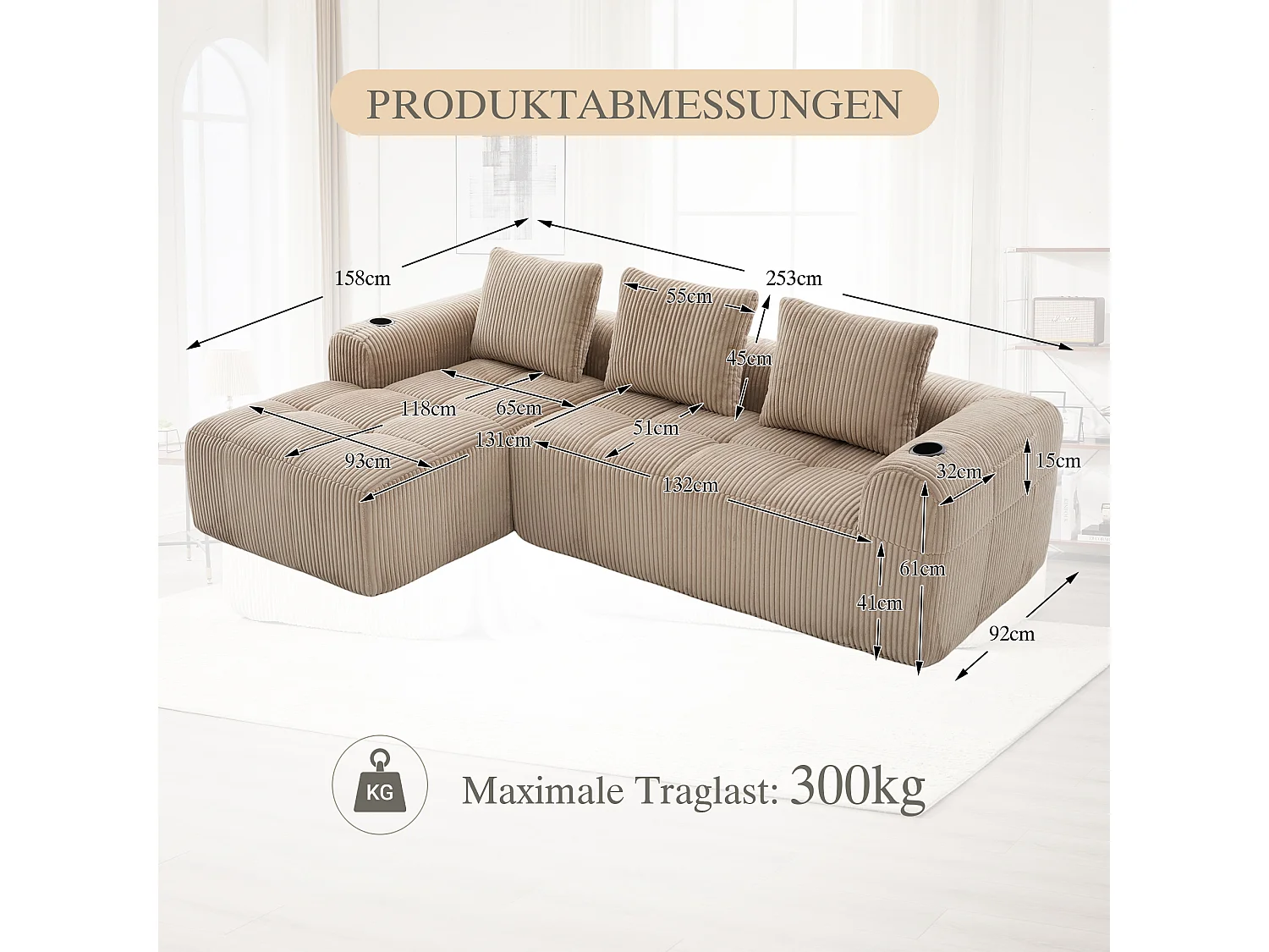 Kompaktes Modulsofa aus Cord mit Seitentaschen und Kissen in Khaki – modernes und praktisches Design für Ihr Interieur