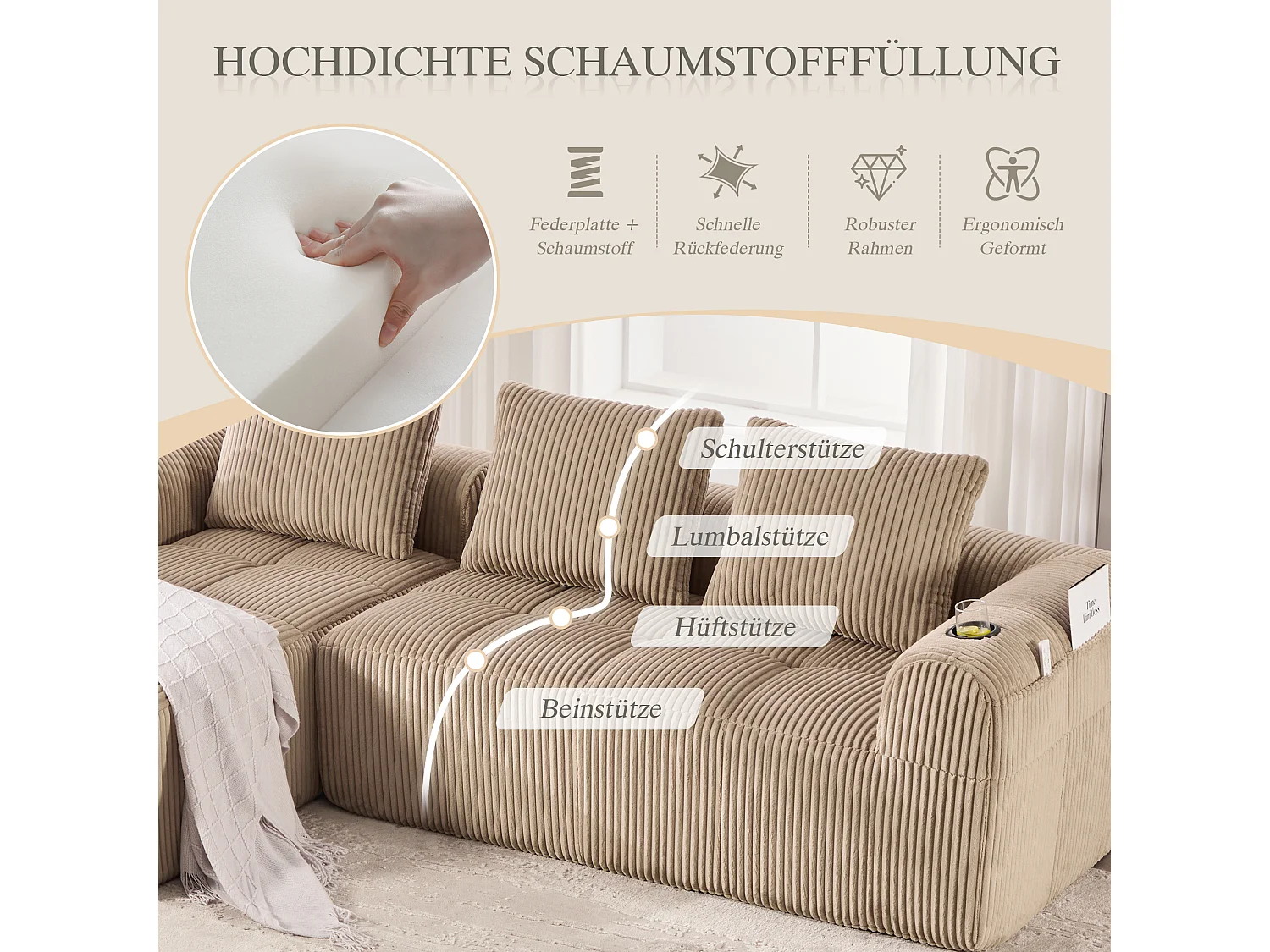 Kompaktes Modulsofa aus Cord mit Seitentaschen und Kissen in Khaki – modernes und praktisches Design für Ihr Interieur