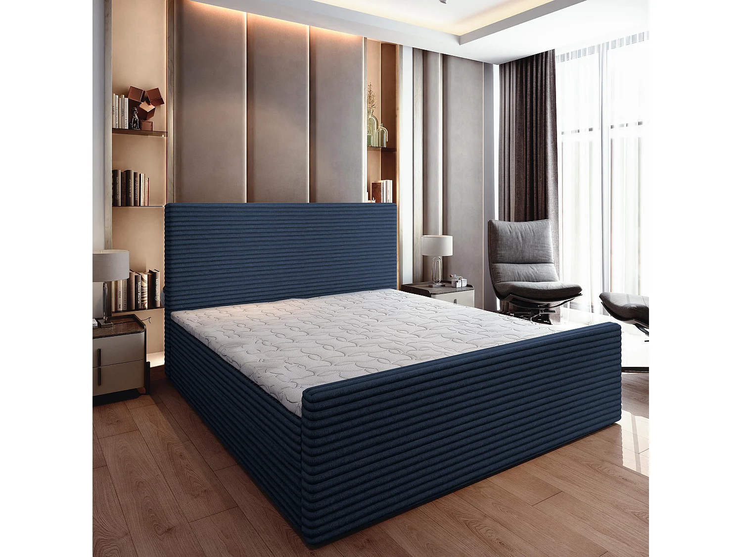 Boxspringbed BRENTO 160x200 cm Set met hoofdbord, bedbodem en matras, Blauw