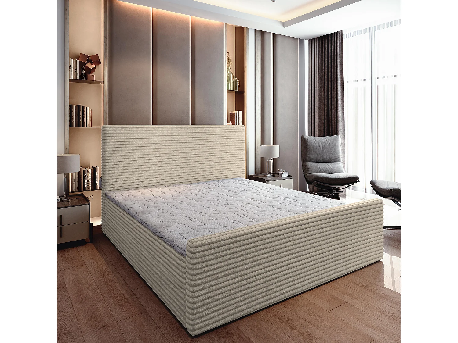 Boxspringbed BRENTO 160x200 cm Set met hoofdbord, bedbodem en matras, Crème