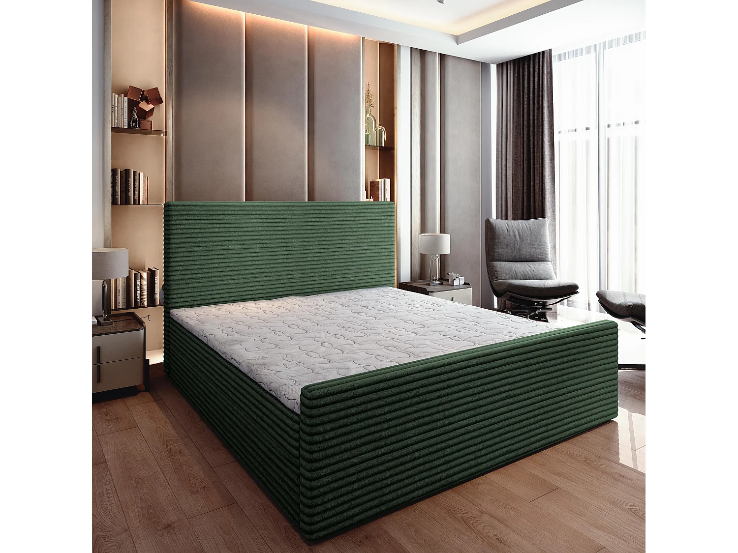 Boxspringbed BRENTO 160x200 cm Set met hoofdbord, bedbodem en matras, Dennengroen