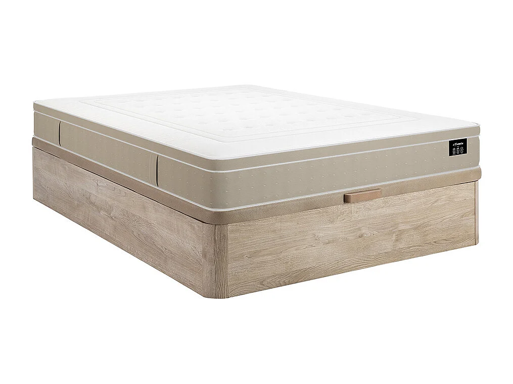 Ensemble 160 x 200 cm sommier coffre naturel clair + matelas hybride ressorts ensachés 7 zones et gel à mémoire de forme ép.28cm - CIREVA de YSMÉE
