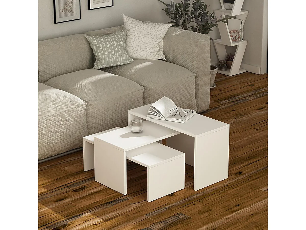 Lot de 3 Tables d'appoint gigognes, tables basses, tables multifonctions blanches différentes tailles