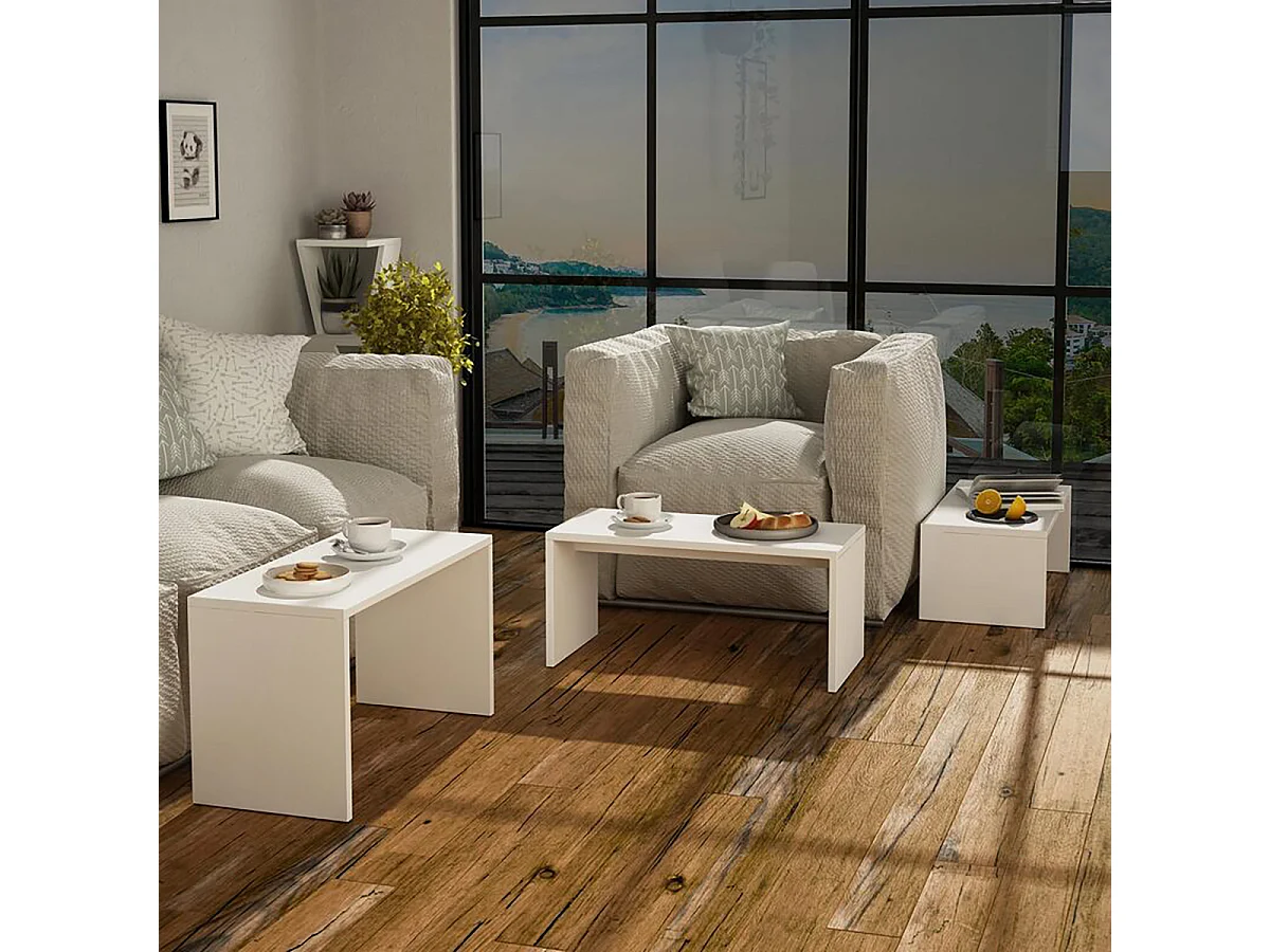 Lot de 3 Tables d'appoint gigognes, tables basses, tables multifonctions blanches différentes tailles