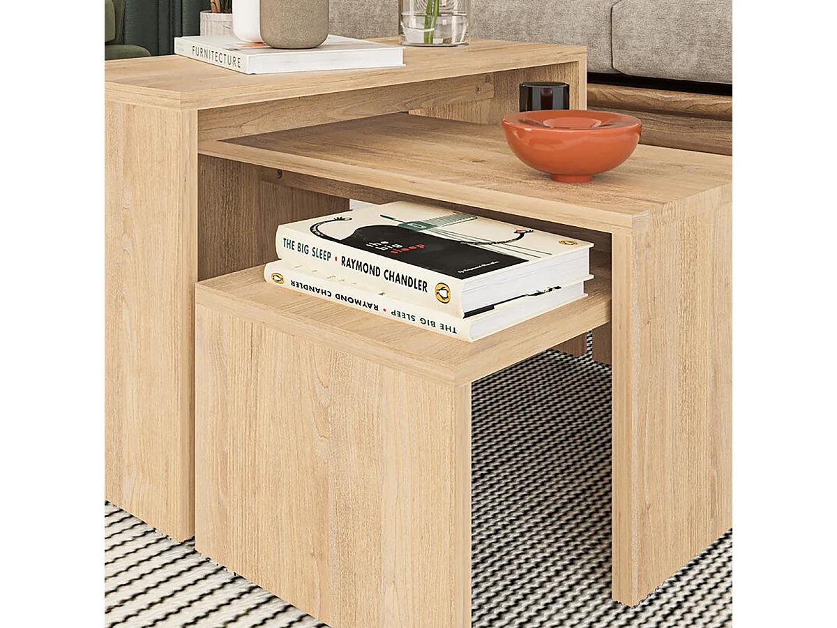 Lot de 3 Tables d'appoint gigognes, tables basses, tables multifonctions coloris Chêne différentes tailles