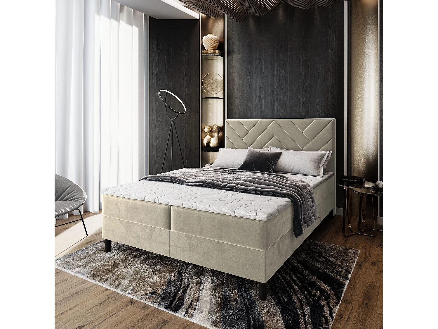 Boxspringbed ROKIS 160x200 cm Set met hoofdbord, bedbodem en matras, Crème