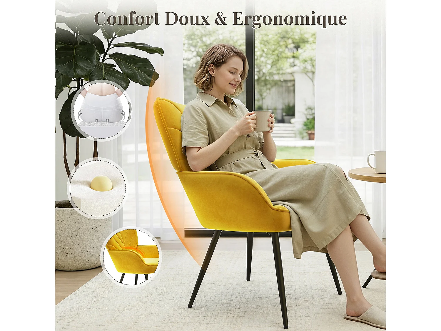 Chaise Moderne à Motif Feuille - Design Simple et Naturel - Chaise polyvalente salon et bureau, jaune