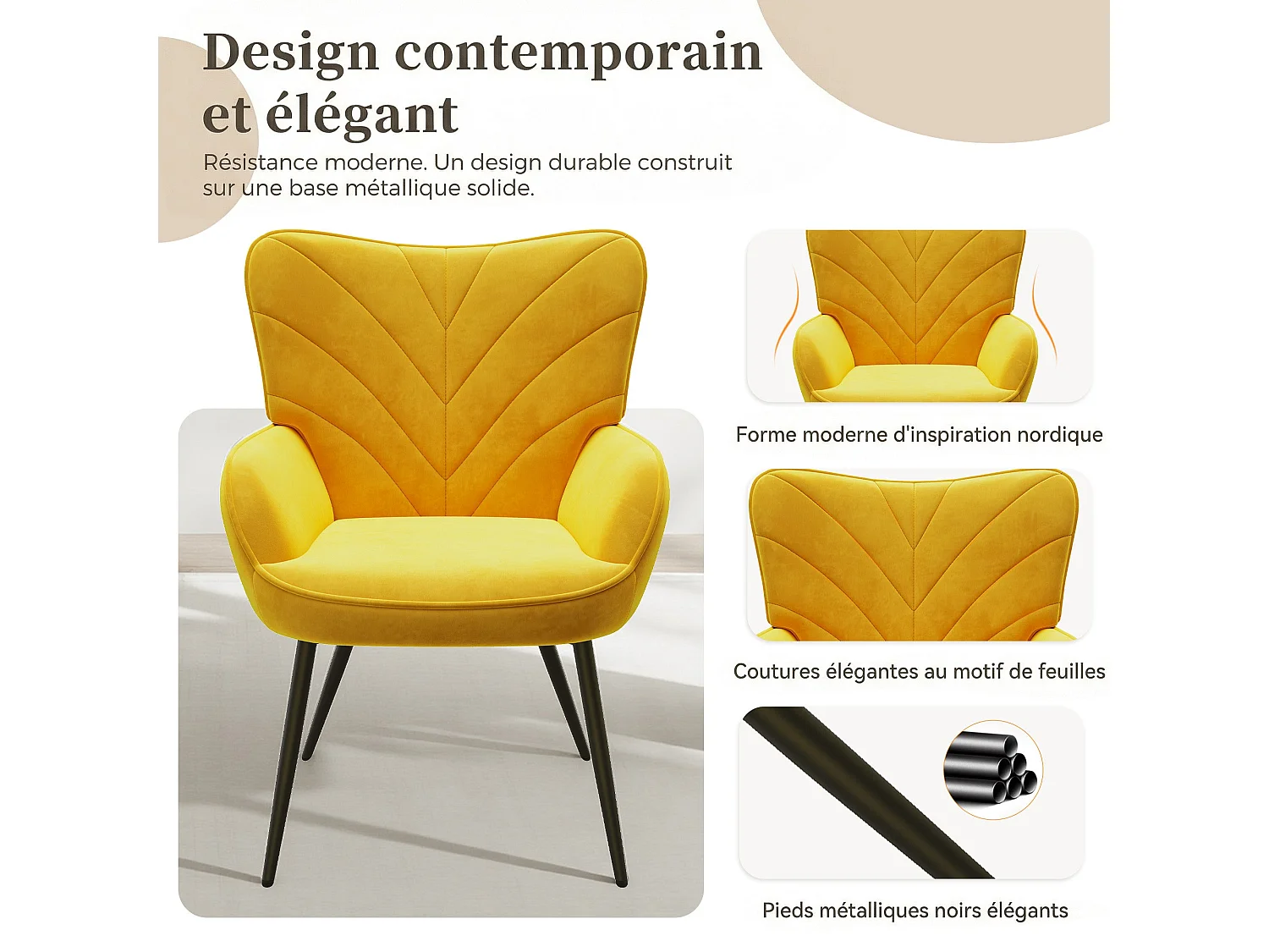 Chaise Moderne à Motif Feuille - Design Simple et Naturel - Chaise polyvalente salon et bureau, jaune