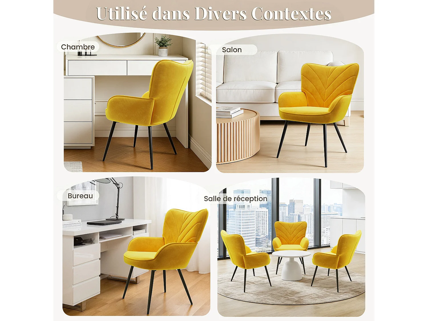 Chaise Moderne à Motif Feuille - Design Simple et Naturel - Chaise polyvalente salon et bureau, jaune