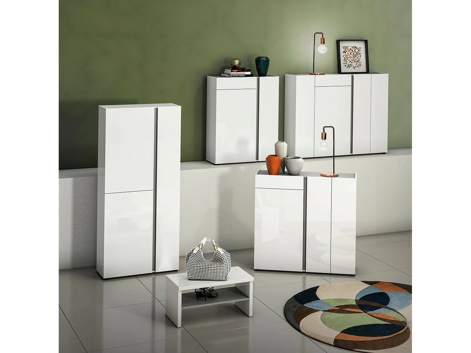 Meuble à chaussures Kinshasa,  Armoire d'entrée polyvalente, Made in Italy, 91x33h196 cm, Blanc brillant et anthracite