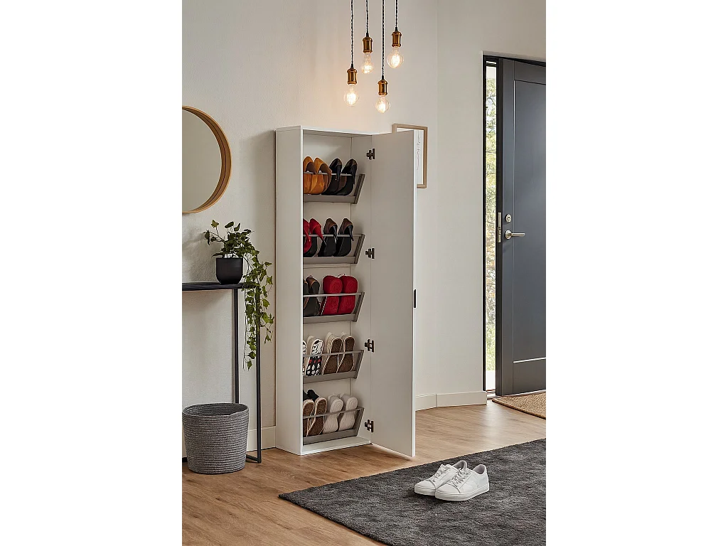 Étagère à chaussures Ciclamino, Meuble d'entrée polyvalent avec porte miroir, Meuble à chaussures moderne avec 5 étagères, 100% Made in Italy, 50x18h178 cm, Blanc