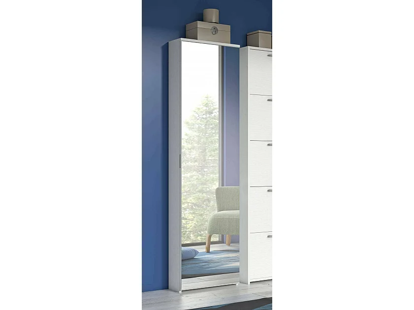 Étagère à chaussures Ciclamino, Meuble d'entrée polyvalent avec porte miroir, Meuble à chaussures moderne avec 5 étagères, 100% Made in Italy, 50x18h178 cm, Blanc