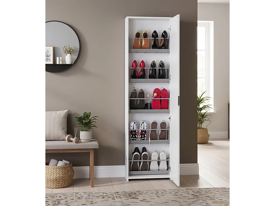 Étagère à chaussures Ciclamino, Meuble d'entrée polyvalent avec porte miroir, Meuble à chaussures moderne avec 5 étagères, 100% Made in Italy, 50x18h178 cm, Blanc