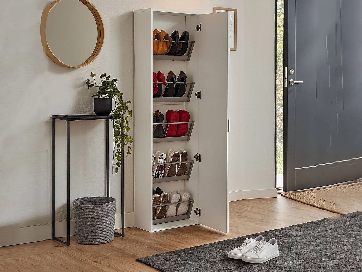 Étagère à chaussures Ciclamino, Meuble d'entrée polyvalent avec porte miroir, Meuble à chaussures moderne avec 5 étagères, 100% Made in Italy, 50x18h178 cm, Blanc