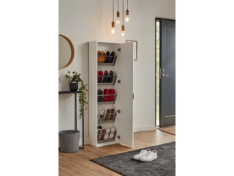 Étagère à chaussures Ciclamino, Meuble d'entrée polyvalent avec porte miroir, Meuble à chaussures moderne avec 5 étagères, 100% Made in Italy, 50x18h178 cm, Blanc