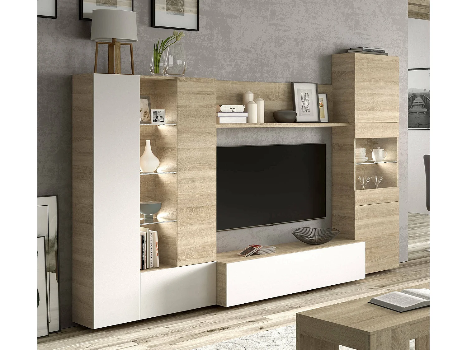 Système mural Raleigh, Meuble TV modulaire pour salon, Composition de salon avec éléments muraux et vitrines et lumière LED, 260x42h185 cm, Chêne et Blanc