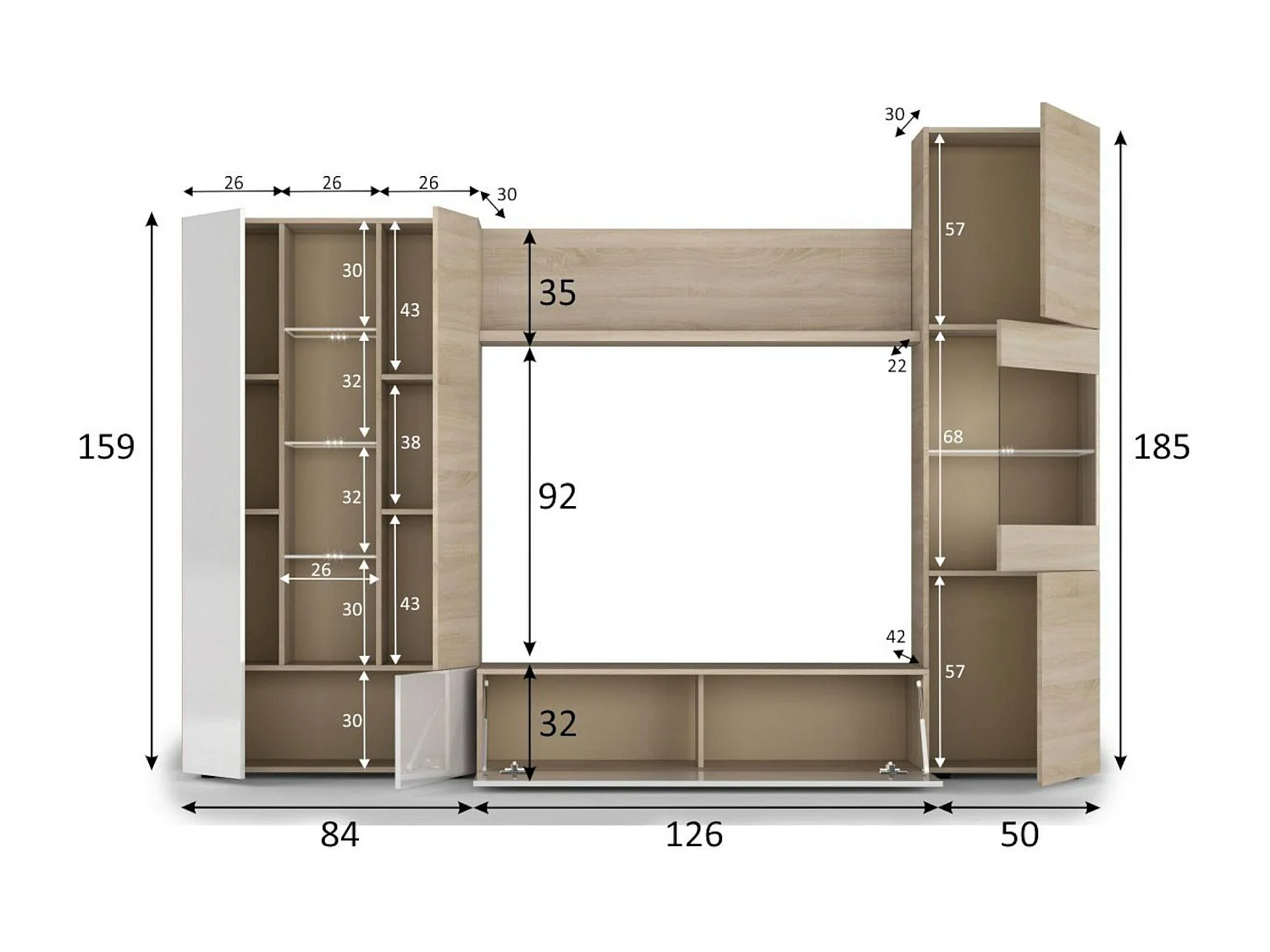 Système mural Raleigh, Meuble TV modulaire pour salon, Composition de salon avec éléments muraux et vitrines et lumière LED, 260x42h185 cm, Chêne et Blanc