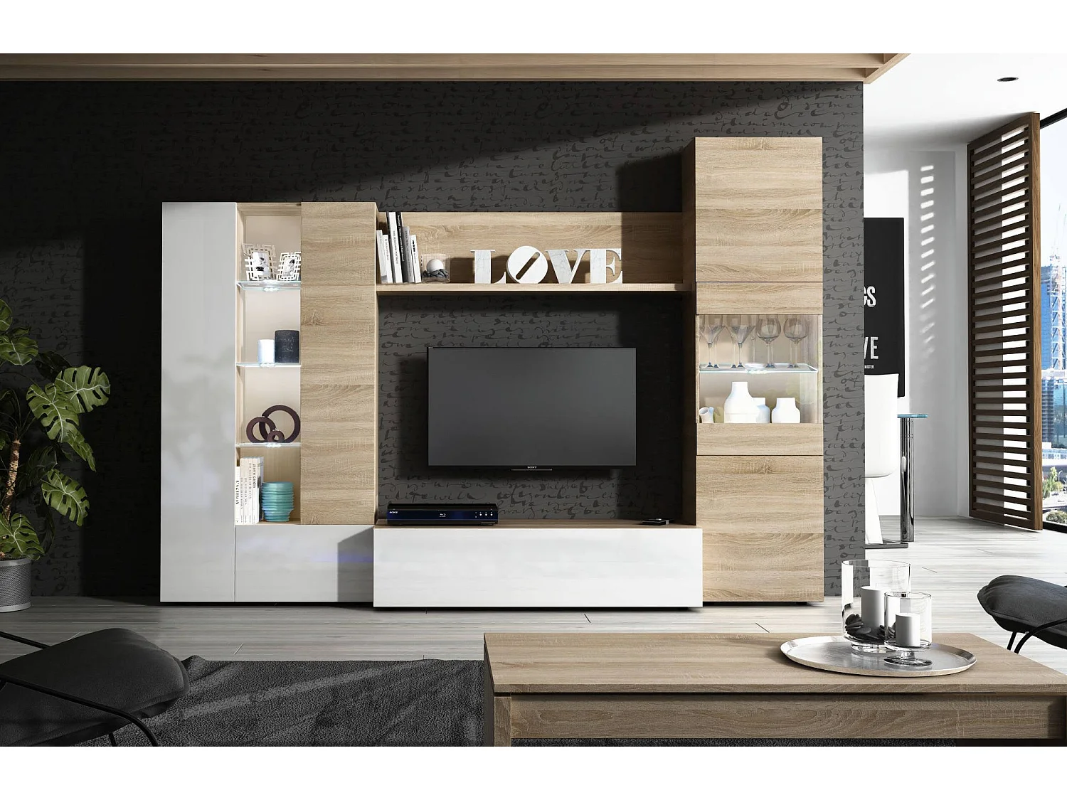 Système mural Raleigh, Meuble TV modulaire pour salon, Composition de salon avec éléments muraux et vitrines et lumière LED, 260x42h185 cm, Chêne et Blanc