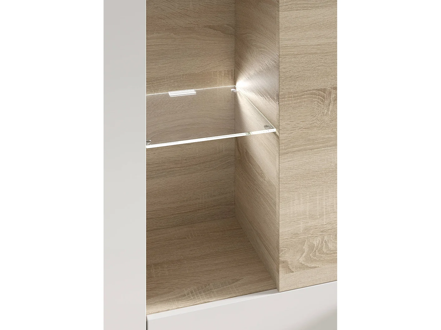 Système mural Raleigh, Meuble TV modulaire pour salon, Composition de salon avec éléments muraux et vitrines et lumière LED, 260x42h185 cm, Chêne et Blanc