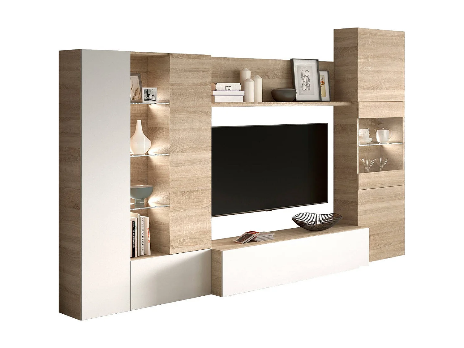 Système mural Raleigh, Meuble TV modulaire pour salon, Composition de salon avec éléments muraux et vitrines et lumière LED, 260x42h185 cm, Chêne et Blanc