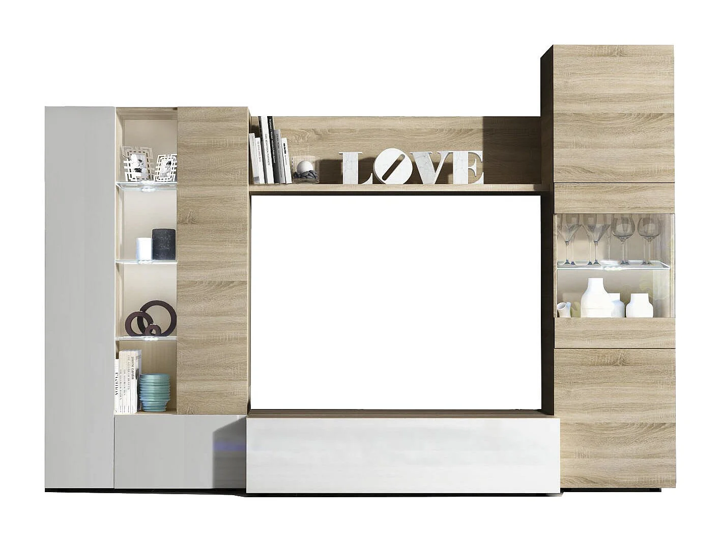 Système mural Raleigh, Meuble TV modulaire pour salon, Composition de salon avec éléments muraux et vitrines et lumière LED, 260x42h185 cm, Chêne et Blanc