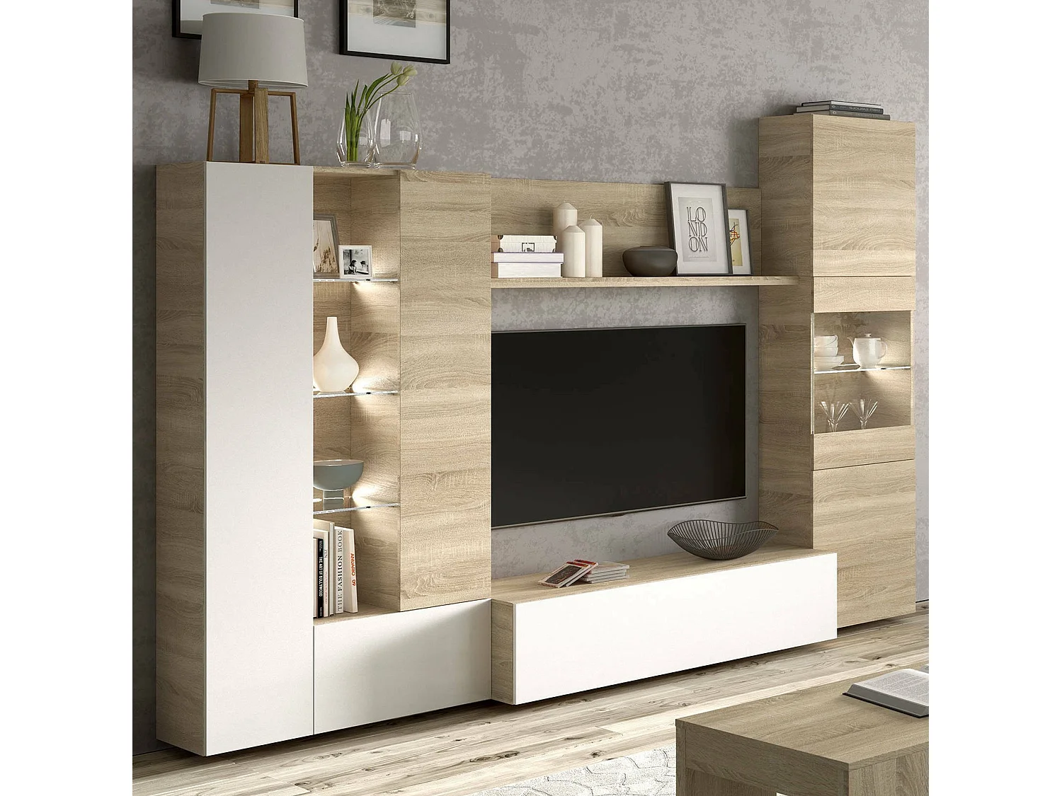 Système mural Raleigh, Meuble TV modulaire pour salon, Composition de salon avec éléments muraux et vitrines et lumière LED, 260x42h185 cm, Chêne et Blanc