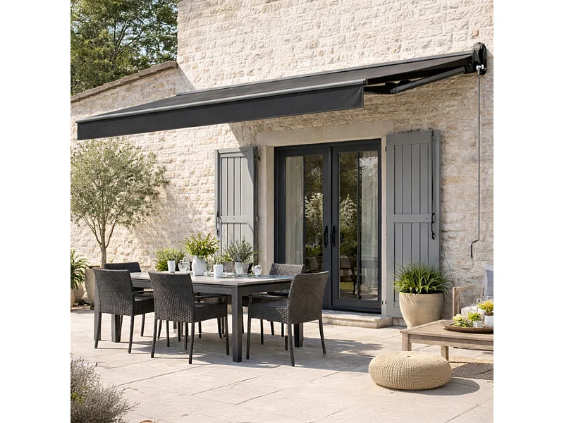 Store banne motorisé 2,95 x 2,5 m en aluminium avec toile gris LOZIO